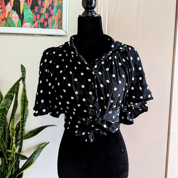 Anthropologie Maeve Black Polka Dot Cropped Flowy Top Women's Size 2 - Picture 4 of 8